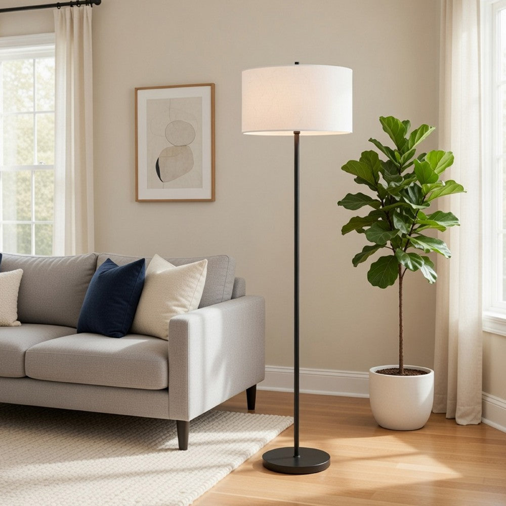 Avira 61 Inch Floor Lamp, String Pattern White Fabric Shade, Black Metal - BM351729