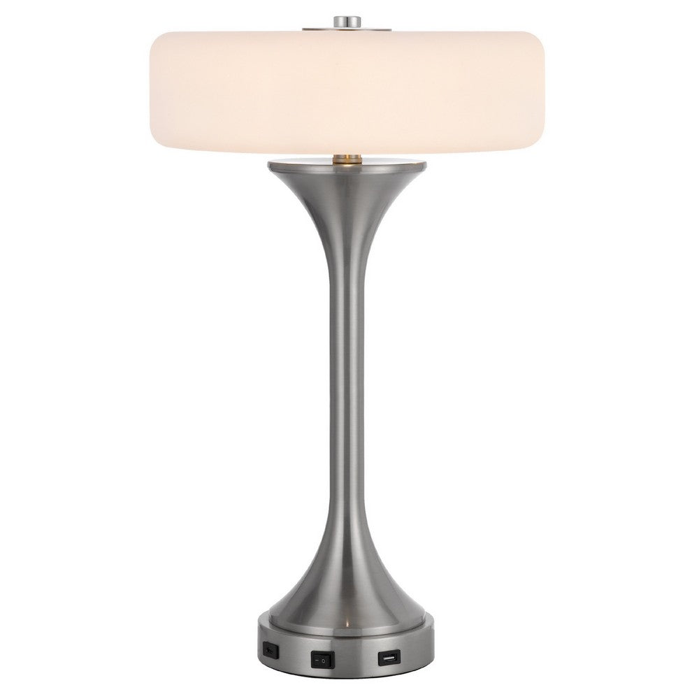 Table Lamp, USB Ports, Frosted White Glass Shade, 22 Inch Brushed Steel - BM351732