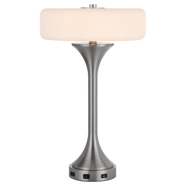 Table Lamp, USB Ports, Frosted White Glass Shade, 22 Inch Brushed Steel - BM351732