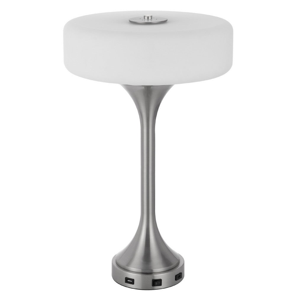 Table Lamp, USB Ports, Frosted White Glass Shade, 22 Inch Brushed Steel - BM351732