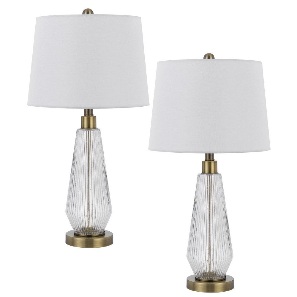 Table Lamp Set of 2, Fluted Glass Base, Antique Brass, Off White Shade - BM351735