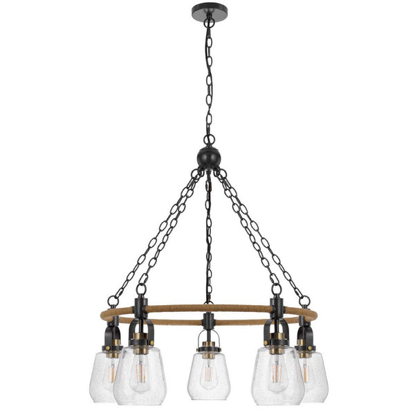 5-Light Chandelier, Burlap Accents, Glass Shades, 34 Inch Antique Brass - BM351737