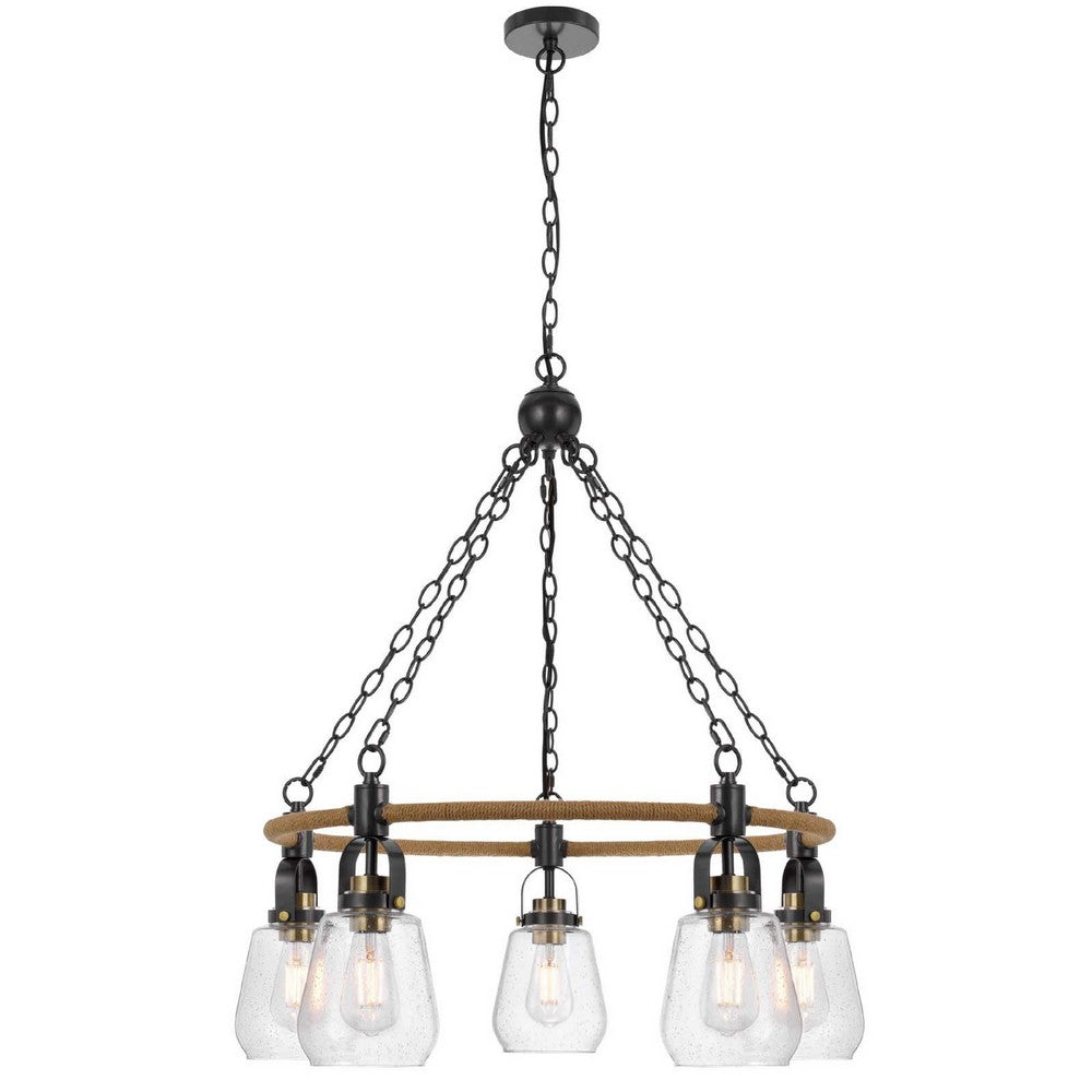 5-Light Chandelier, Burlap Accents, Glass Shades, 34 Inch Antique Brass - BM351737