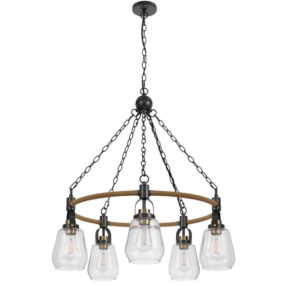 5-Light Chandelier, Burlap Accents, Glass Shades, 34 Inch Antique Brass - BM351737