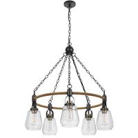 5-Light Chandelier, Burlap Accents, Glass Shades, 34 Inch Antique Brass - BM351737