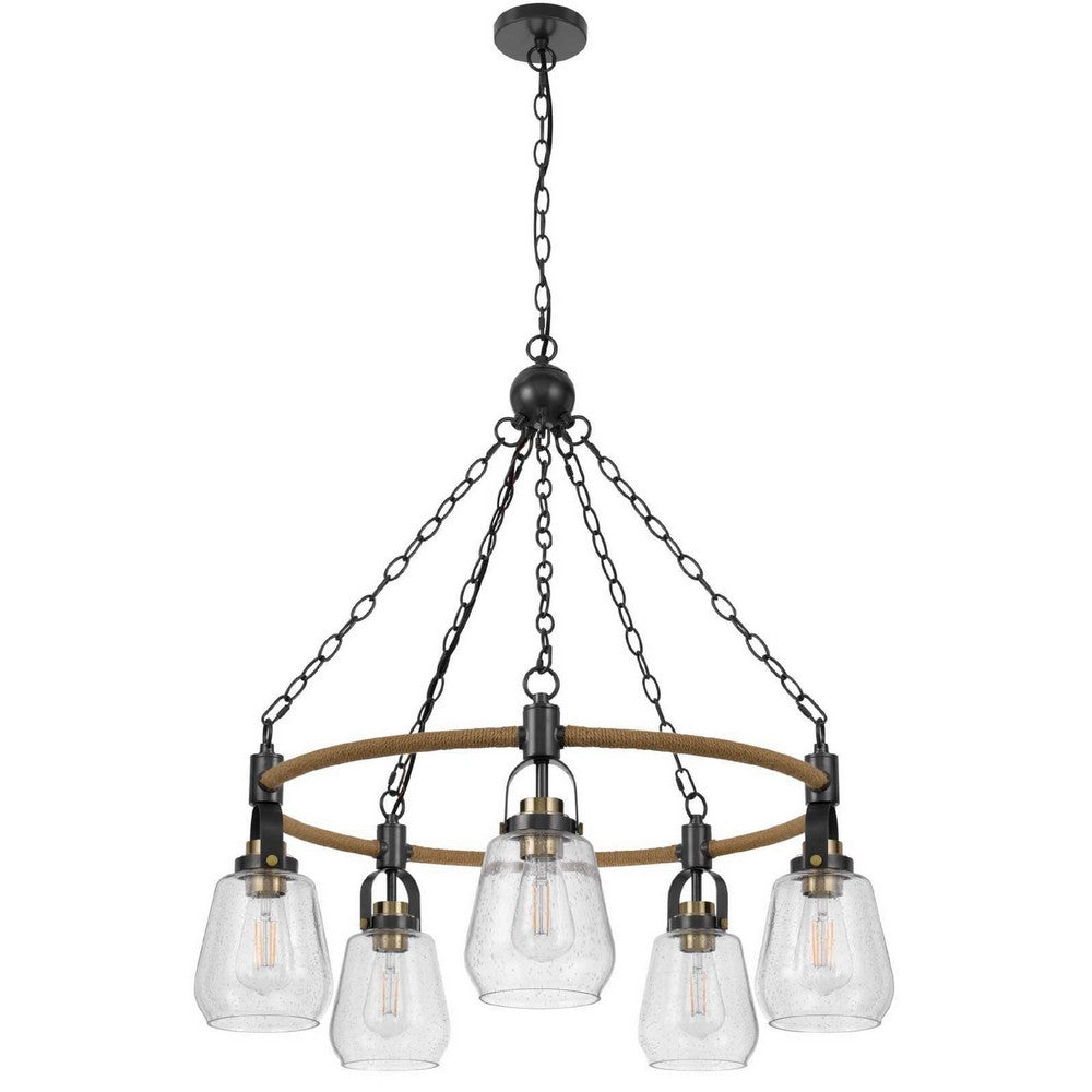 5-Light Chandelier, Burlap Accents, Glass Shades, 34 Inch Antique Brass - BM351737