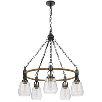 5-Light Chandelier, Burlap Accents, Glass Shades, 34 Inch Antique Brass - BM351737