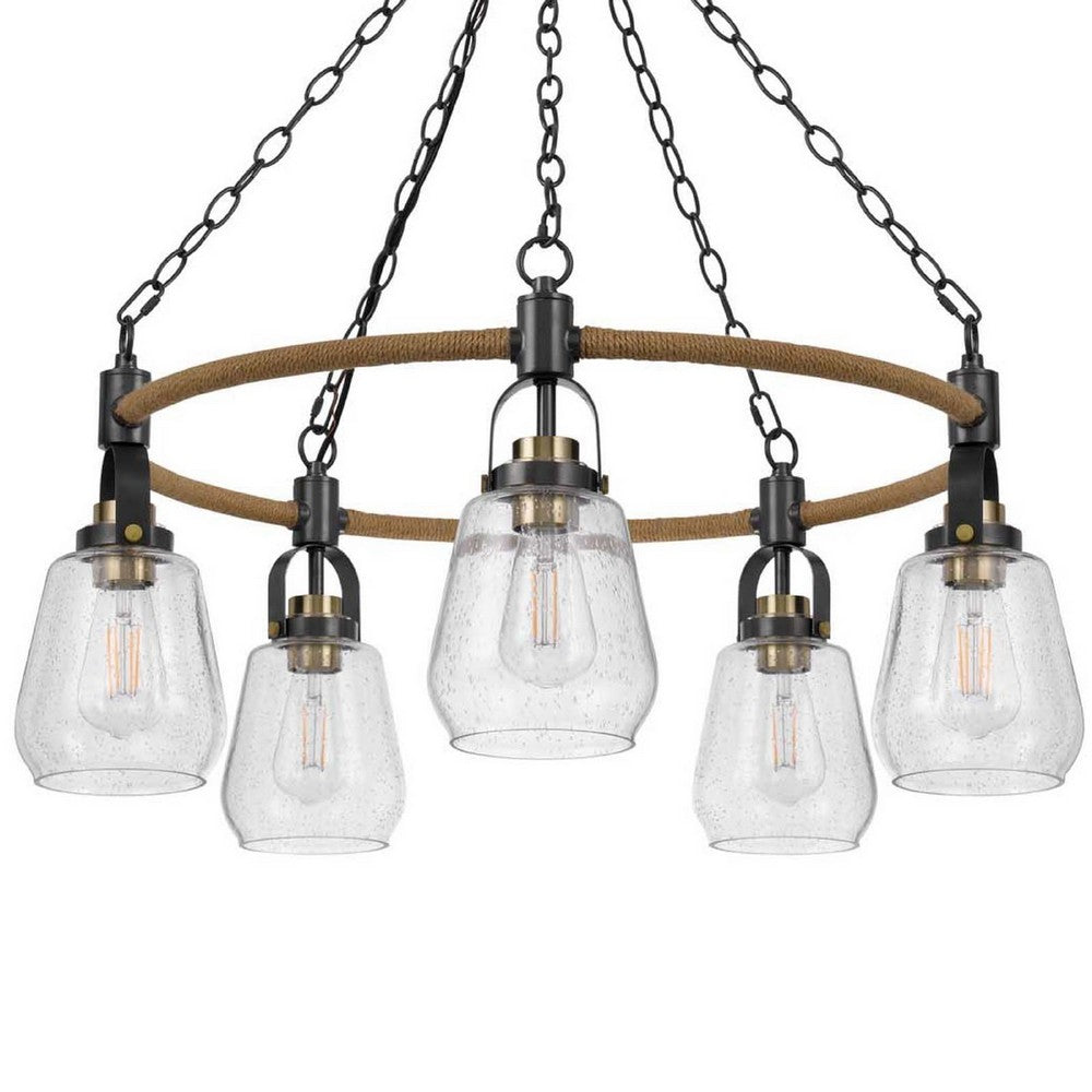 5-Light Chandelier, Burlap Accents, Glass Shades, 34 Inch Antique Brass - BM351737