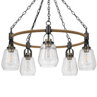 5-Light Chandelier, Burlap Accents, Glass Shades, 34 Inch Antique Brass - BM351737