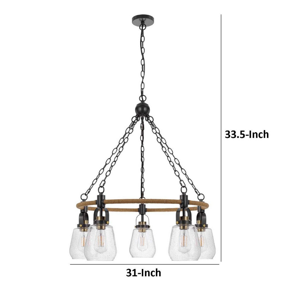 5-Light Chandelier, Burlap Accents, Glass Shades, 34 Inch Antique Brass - BM351737