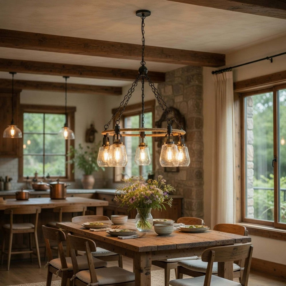 5-Light Chandelier, Burlap Accents, Glass Shades, 34 Inch Antique Brass - BM351737
