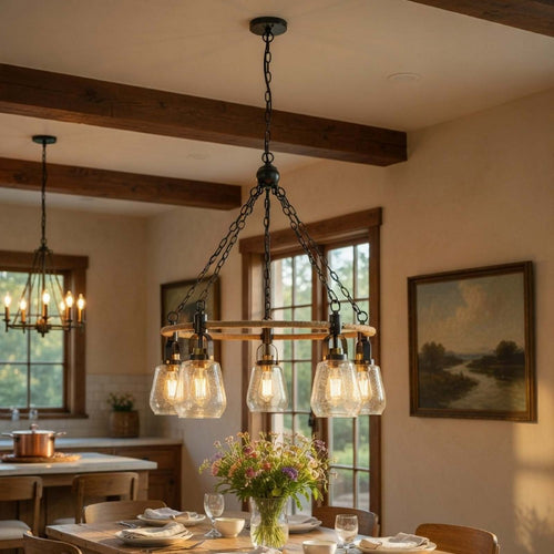 5-Light Chandelier, Burlap Accents, Glass Shades, 34 Inch Antique Brass - BM351737