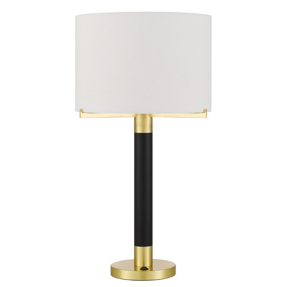Table Lamp, Off White Drum Shade, 28 Inch Black Body with Brass Accent - BM351740