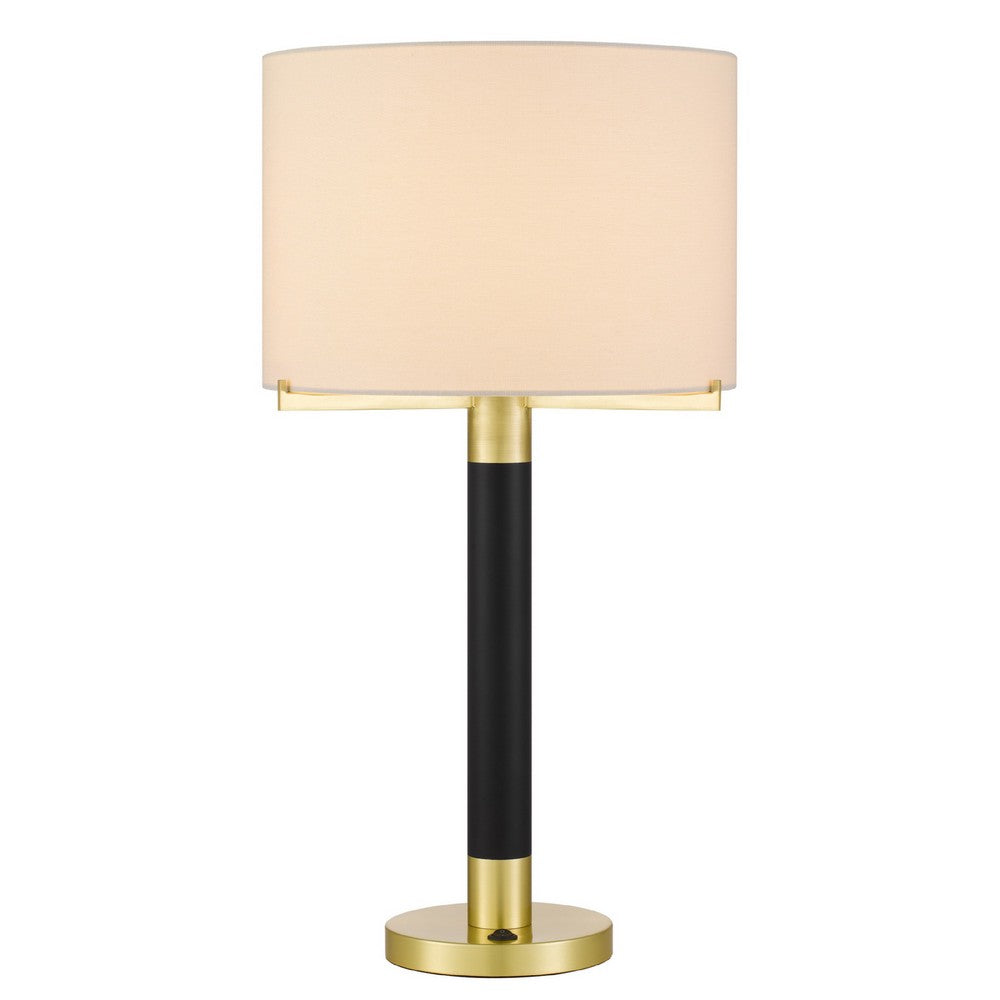 Table Lamp, Off White Drum Shade, 28 Inch Black Body with Brass Accent - BM351740