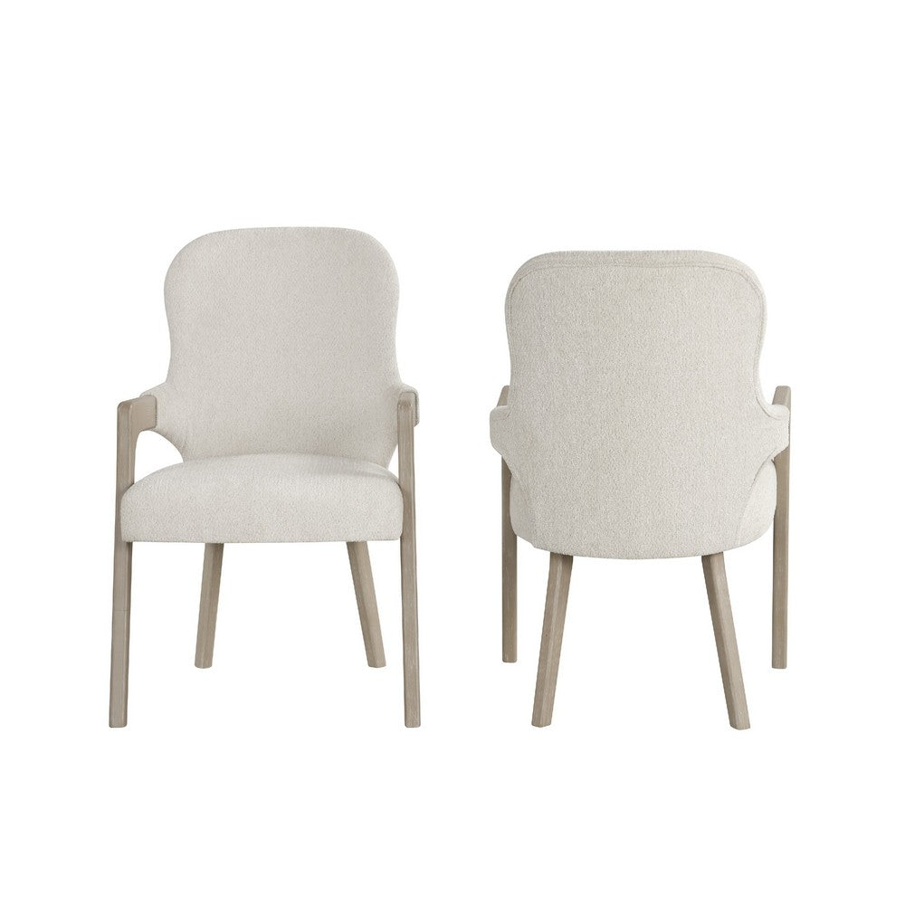 Lyne Dining Armchair Set of 2, Rounded Back, Ivory Fabric, Cerused Taupe - BM351747