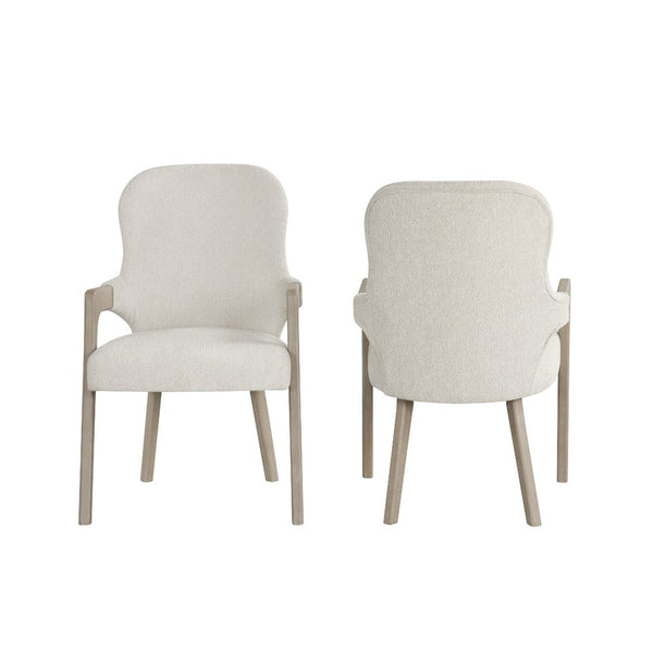 Lyne Dining Armchair Set of 2, Rounded Back, Ivory Fabric, Cerused Taupe - BM351747