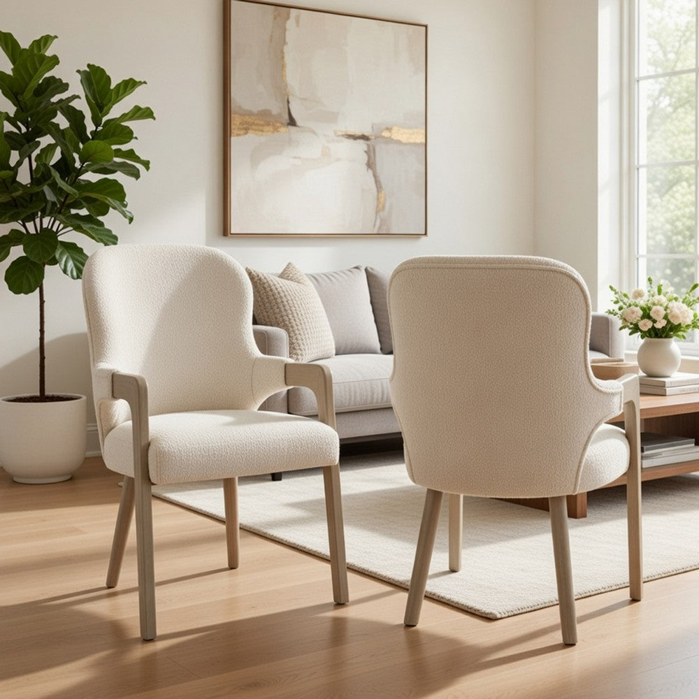 Lyne Dining Armchair Set of 2, Rounded Back, Ivory Fabric, Cerused Taupe - BM351747