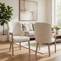 Lyne Dining Armchair Set of 2, Rounded Back, Ivory Fabric, Cerused Taupe - BM351747