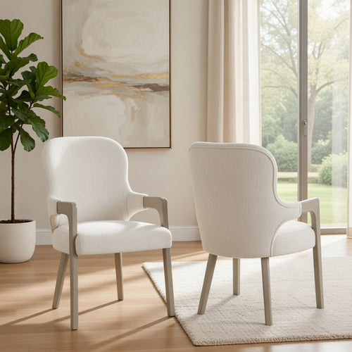 Lyne Dining Armchair Set of 2, Rounded Back, Ivory Fabric, Cerused Taupe - BM351747