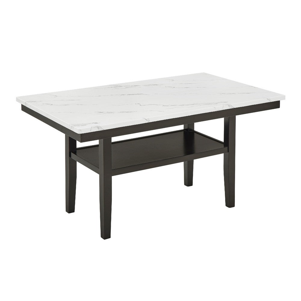 Risa Dining Table with Storage Shelf, 60 Inch Faux Marble Top, Espresso Wood - BM351748