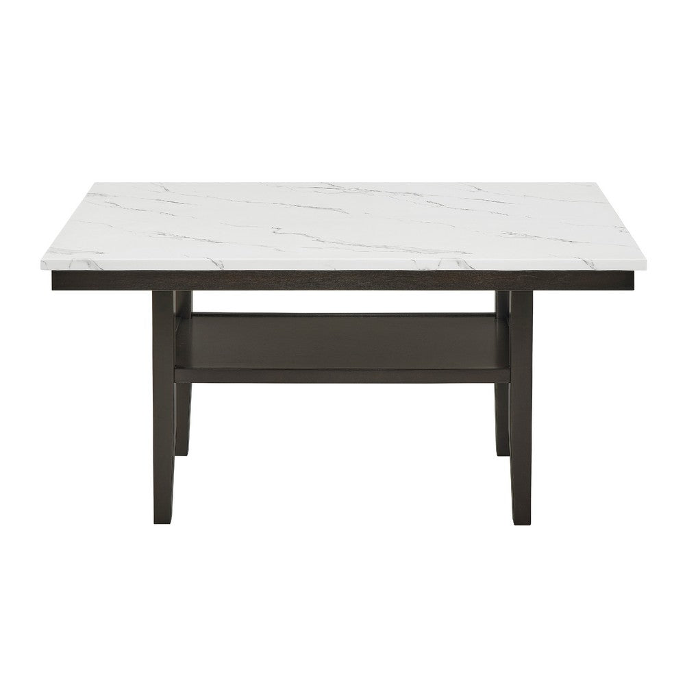 Risa Dining Table with Storage Shelf, 60 Inch Faux Marble Top, Espresso Wood - BM351748