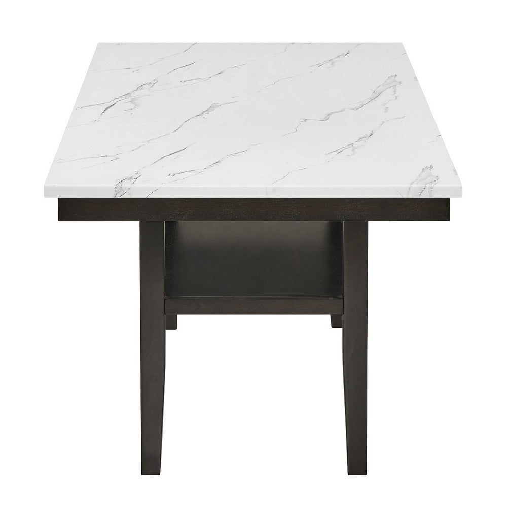 Risa Dining Table with Storage Shelf, 60 Inch Faux Marble Top, Espresso Wood - BM351748