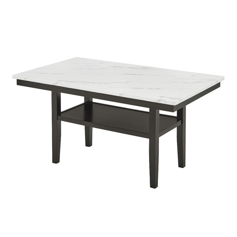 Risa Dining Table with Storage Shelf, 60 Inch Faux Marble Top, Espresso Wood - BM351748
