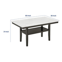 Risa Dining Table with Storage Shelf, 60 Inch Faux Marble Top, Espresso Wood - BM351748