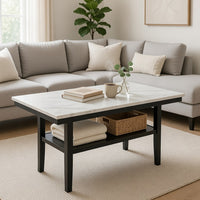 Risa Dining Table with Storage Shelf, 60 Inch Faux Marble Top, Espresso Wood - BM351748