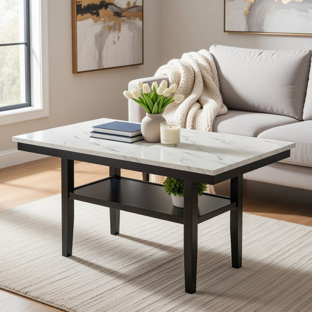 Risa Dining Table with Storage Shelf, 60 Inch Faux Marble Top, Espresso Wood - BM351748