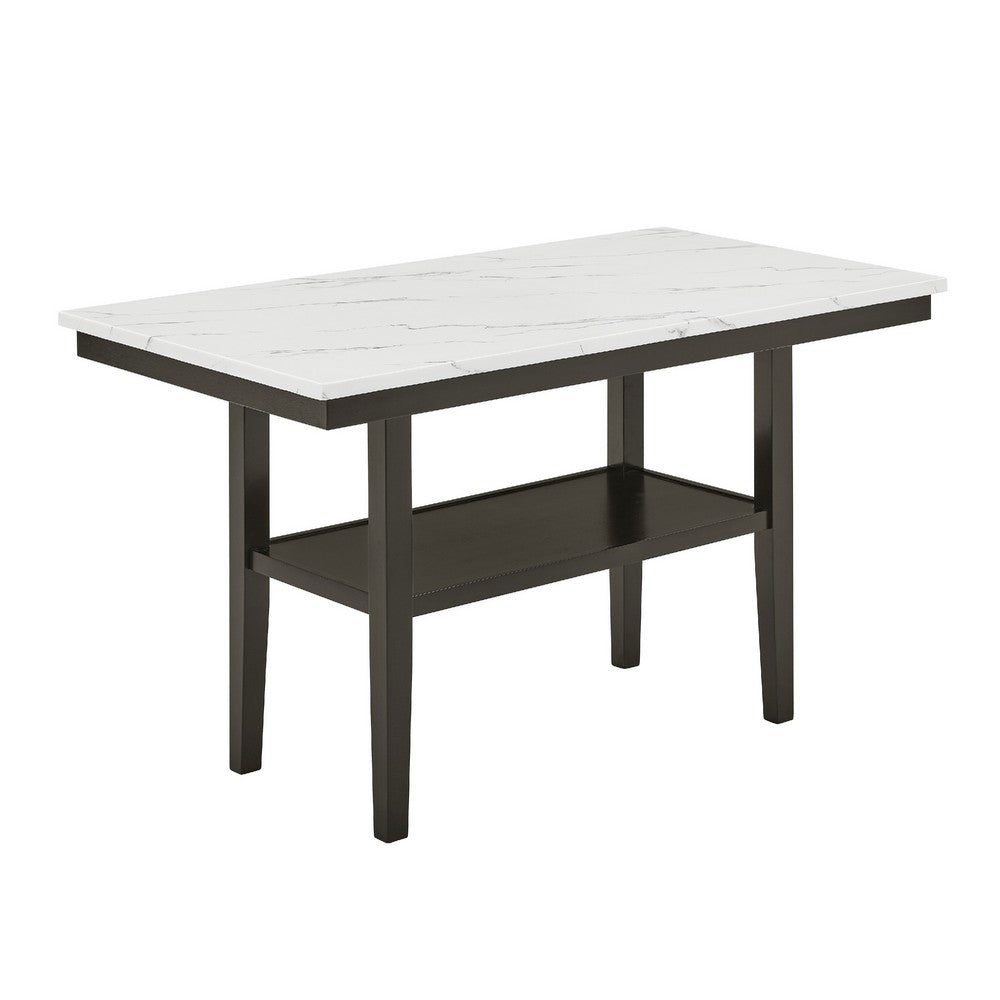 Risa Counter Height Table with Shelf, 60 Inch Faux Marble Top, Espresso Wood - BM351749