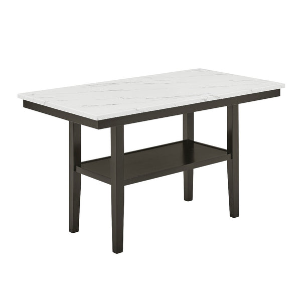 Risa Counter Height Table with Shelf, 60 Inch Faux Marble Top, Espresso Wood - BM351749