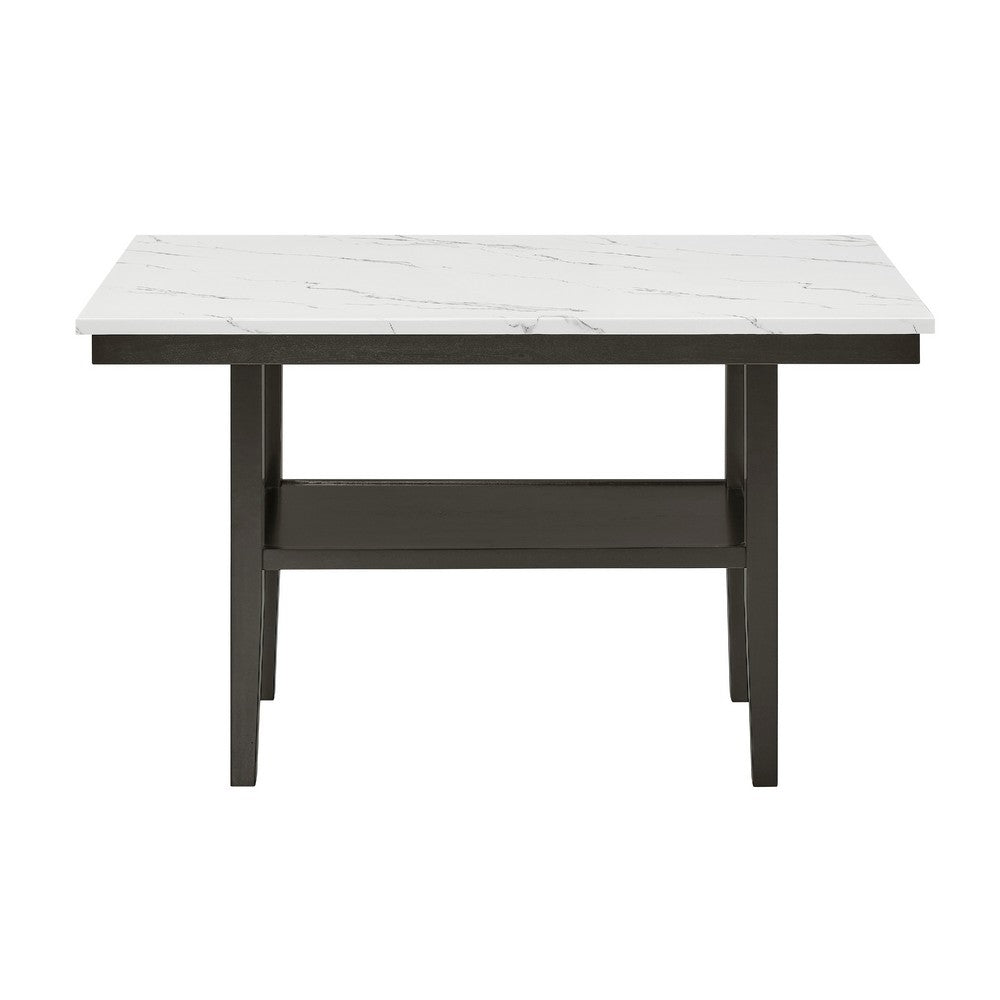 Risa Counter Height Table with Shelf, 60 Inch Faux Marble Top, Espresso Wood - BM351749
