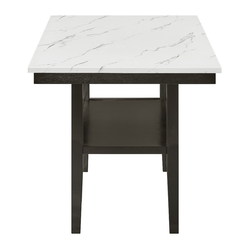 Risa Counter Height Table with Shelf, 60 Inch Faux Marble Top, Espresso Wood - BM351749