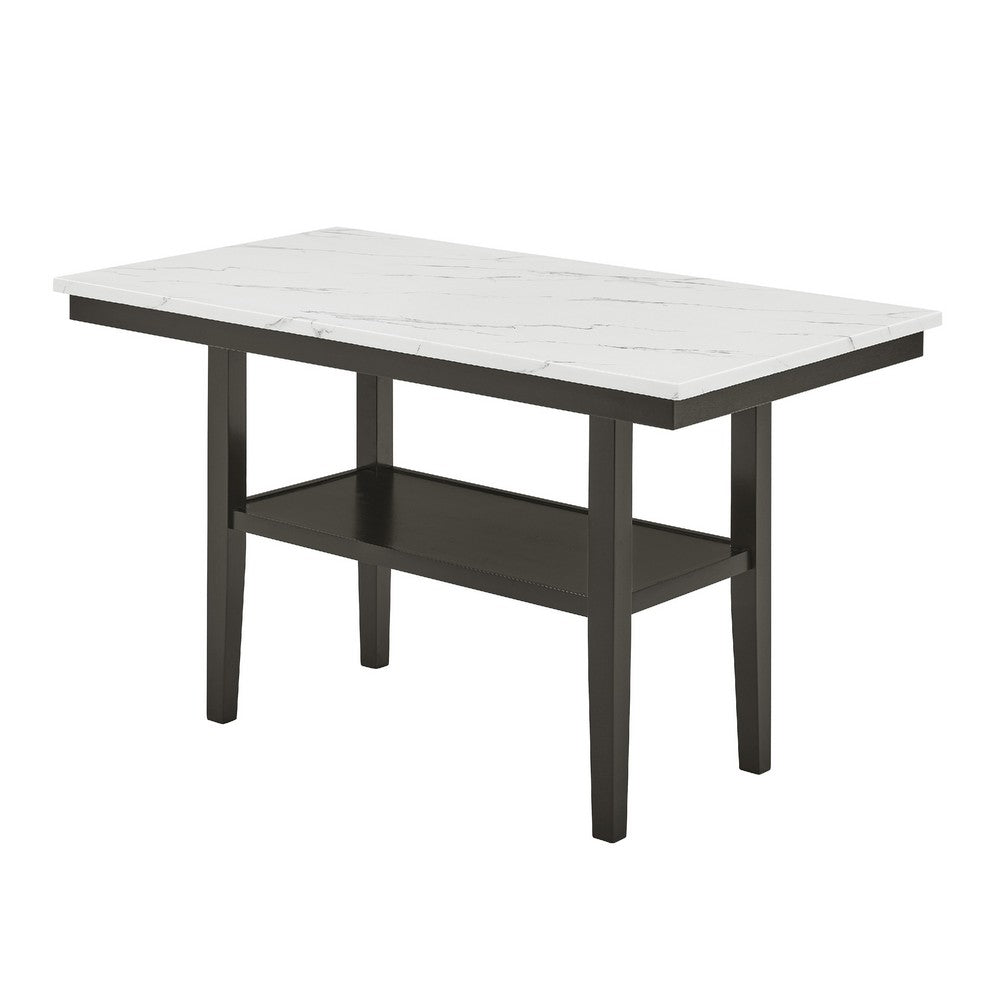 Risa Counter Height Table with Shelf, 60 Inch Faux Marble Top, Espresso Wood - BM351749