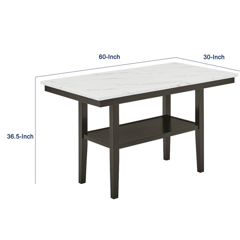 Risa Counter Height Table with Shelf, 60 Inch Faux Marble Top, Espresso Wood - BM351749