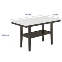 Risa Counter Height Table with Shelf, 60 Inch Faux Marble Top, Espresso Wood - BM351749