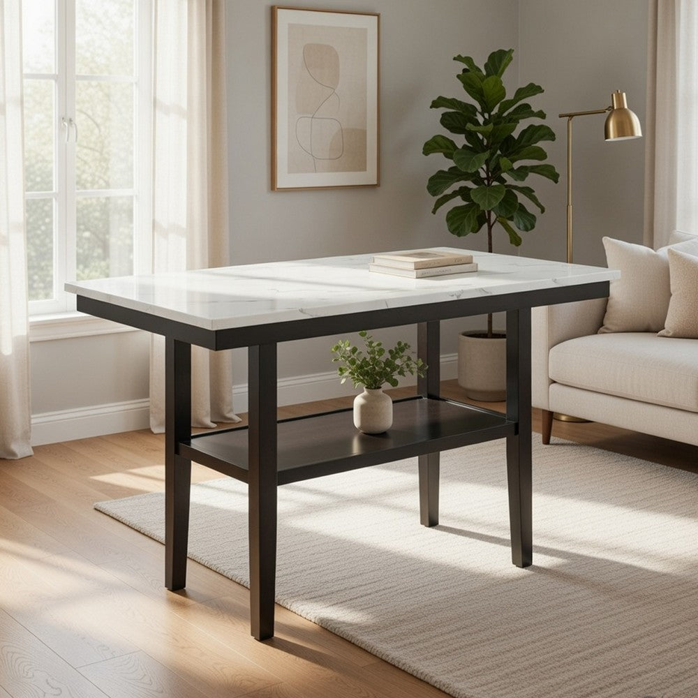 Risa Counter Height Table with Shelf, 60 Inch Faux Marble Top, Espresso Wood - BM351749