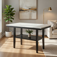 Risa Counter Height Table with Shelf, 60 Inch Faux Marble Top, Espresso Wood - BM351749