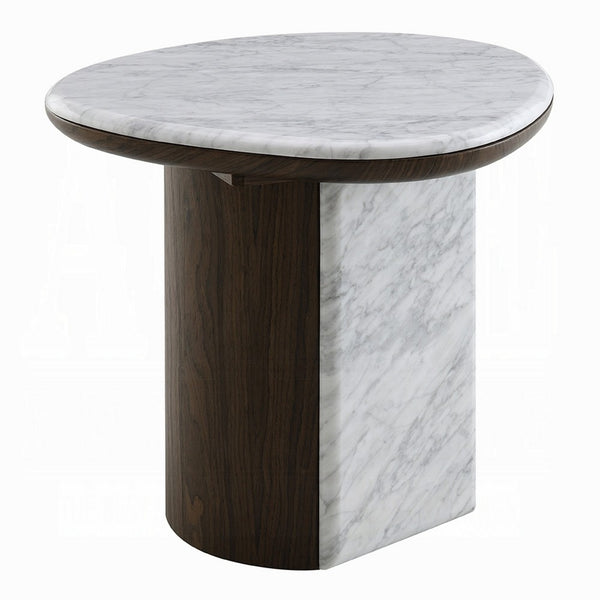 Jima Side End Table, 20 Inch White Marble Top, Brown Veneer Base - BM351799