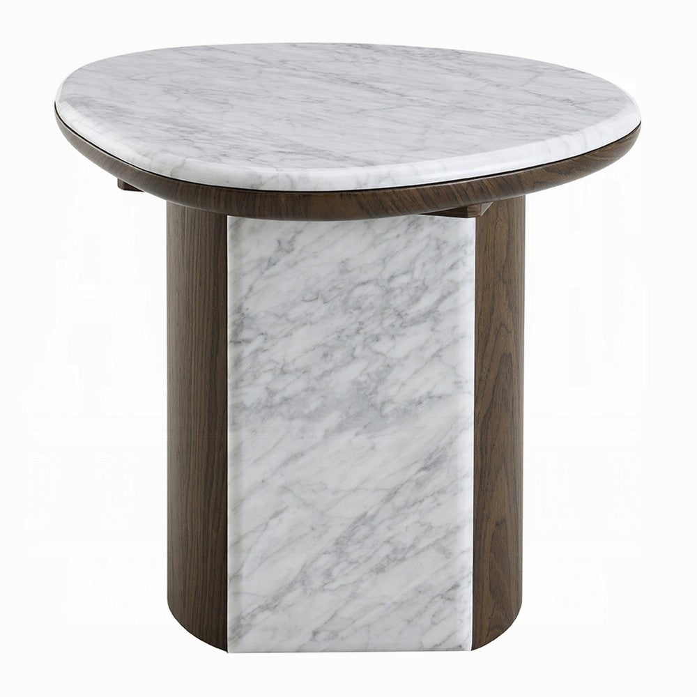 Jima Side End Table, 20 Inch White Marble Top, Brown Veneer Base - BM351799