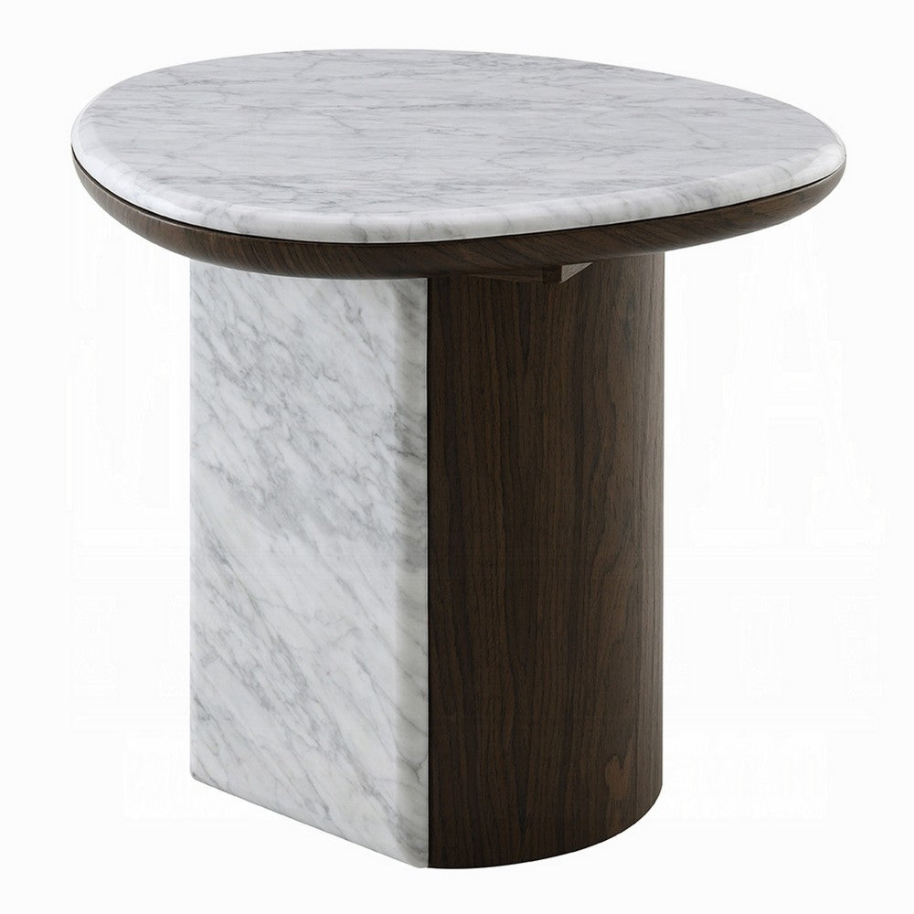 Jima Side End Table, 20 Inch White Marble Top, Brown Veneer Base - BM351799