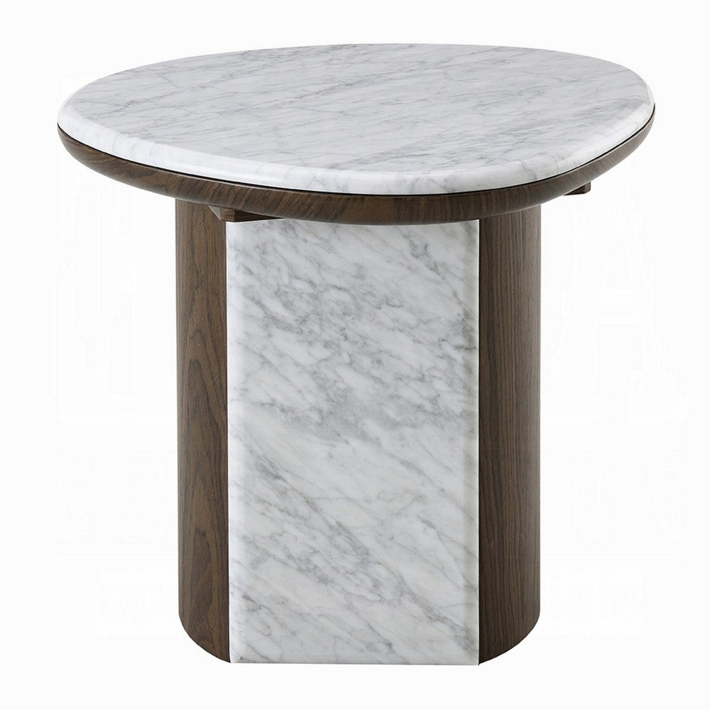 Jima Side End Table, 20 Inch White Marble Top, Brown Veneer Base - BM351799