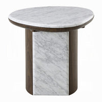Jima Side End Table, 20 Inch White Marble Top, Brown Veneer Base - BM351799