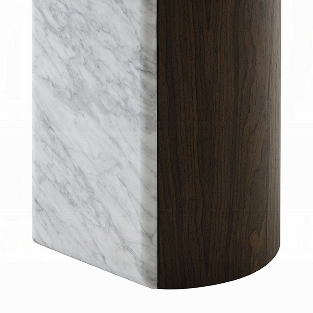 Jima Side End Table, 20 Inch White Marble Top, Brown Veneer Base - BM351799