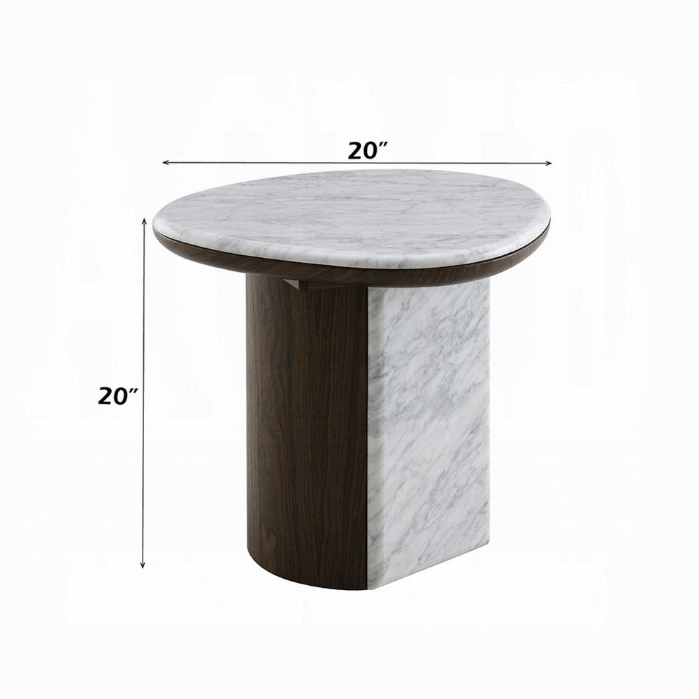 Jima Side End Table, 20 Inch White Marble Top, Brown Veneer Base - BM351799