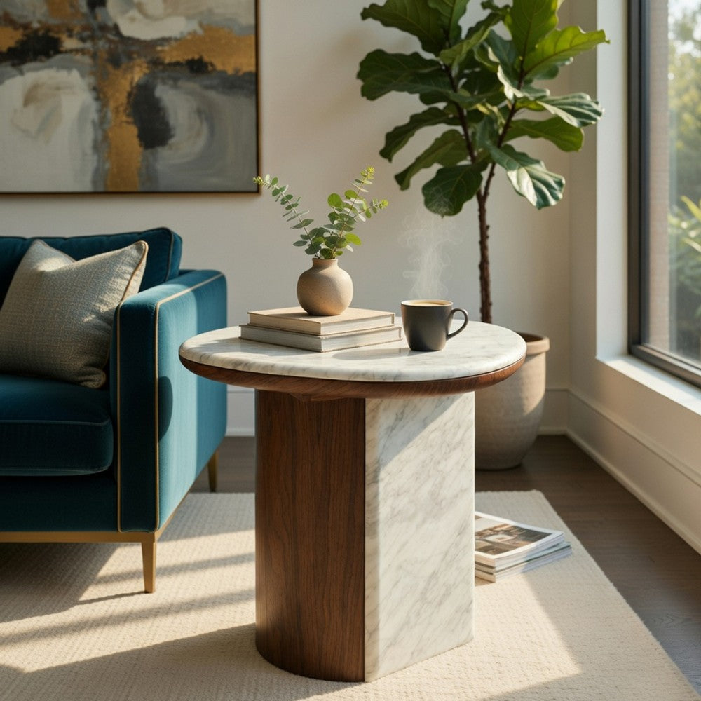 Jima Side End Table, 20 Inch White Marble Top, Brown Veneer Base - BM351799