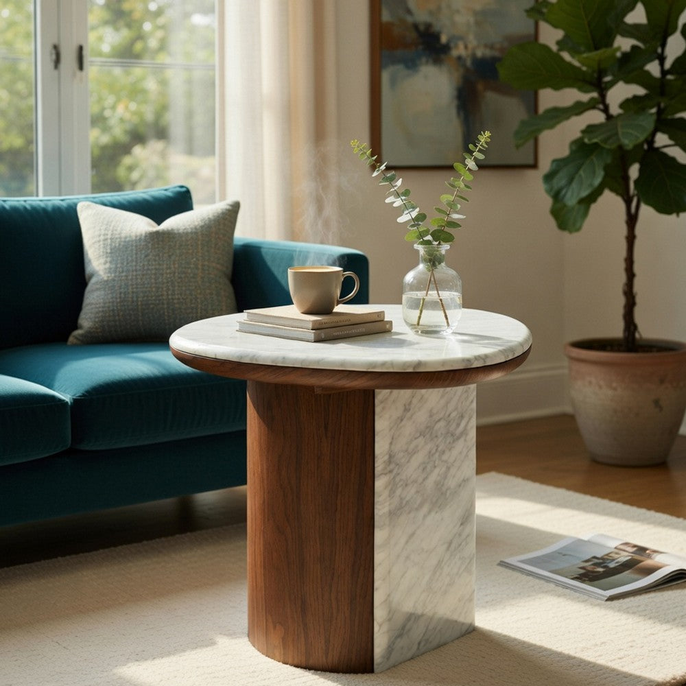 Jima Side End Table, 20 Inch White Marble Top, Brown Veneer Base - BM351799