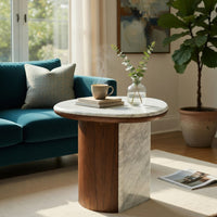 Jima Side End Table, 20 Inch White Marble Top, Brown Veneer Base - BM351799