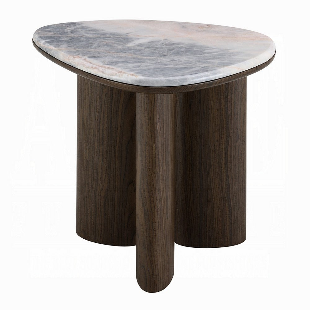 Sima Side End Table, 22 Inch White Marble Top with 3 Leg, Brown Wood - BM351800